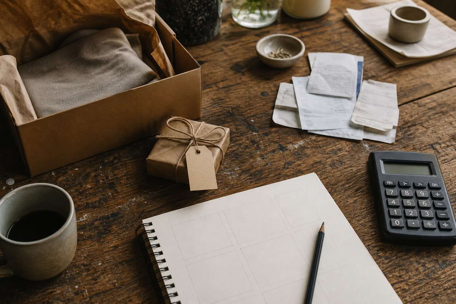 Cuaderno de decisiones junto a recibos, calculadora y prototipo de producto